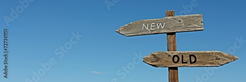 Wooden Signpost with "New" and "Old" Directions Against Blue Sky