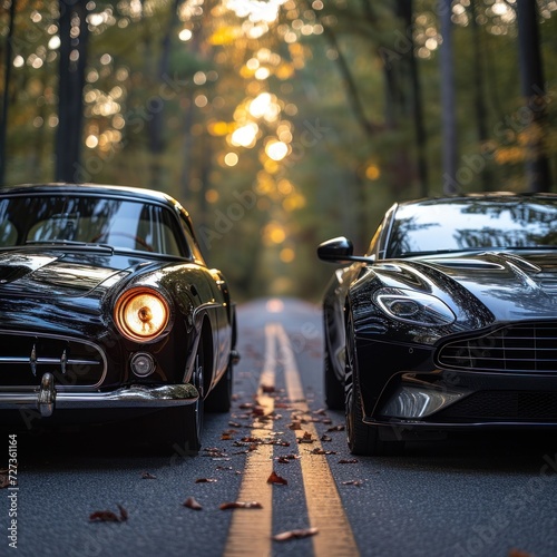 Classic and Modern Sports Cars Facing Each Other on an Autumn Road at Dusk