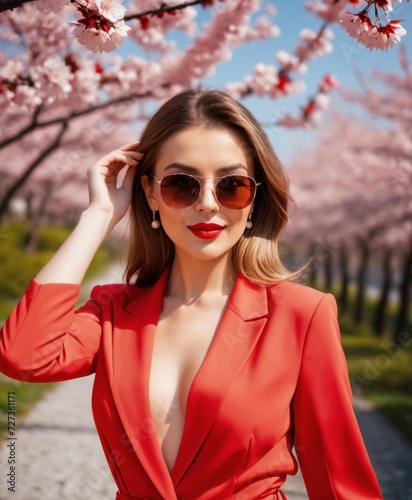 Beautiful girl in red outfit posing on background of sakura