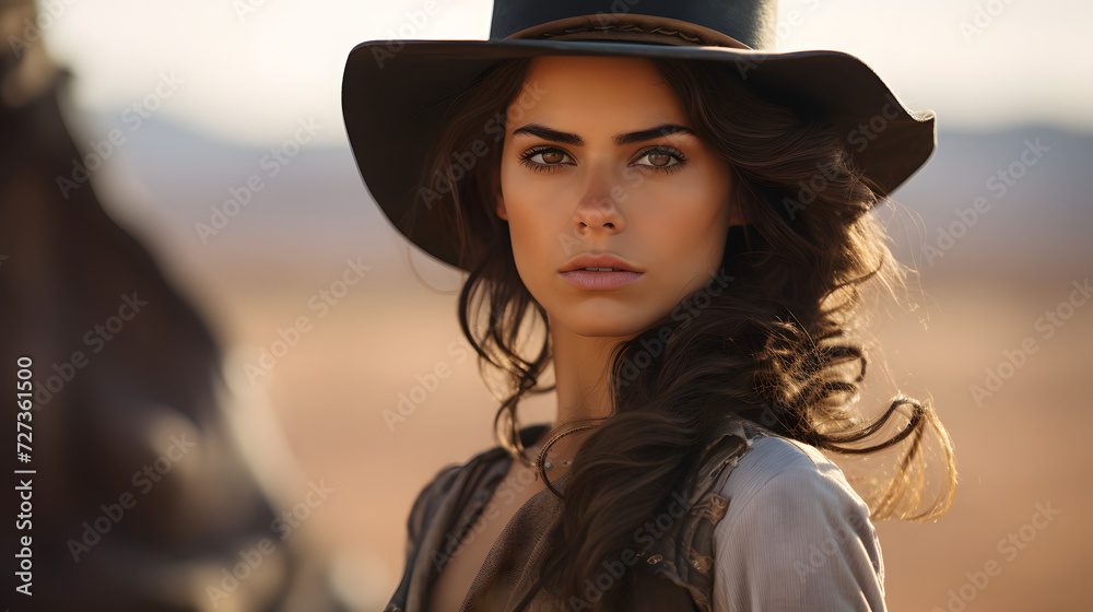 Portrait of a woman in the wild west in a cowboy outfit