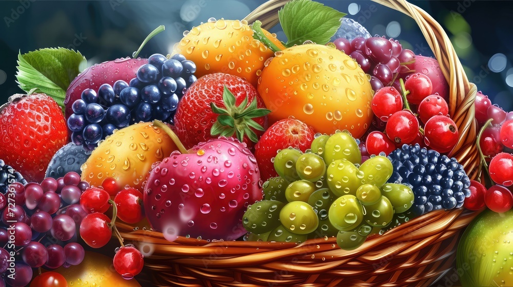 Basket with fresh fruits with water droplets, realistic feeling, very detailed, realistic brightness Basket with fresh fruits with water droplets, realistic feeling, very detailed, realistic brightness