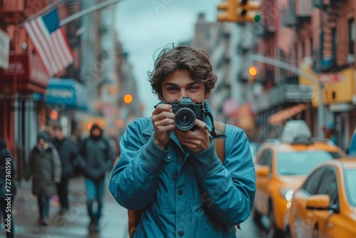 A fashionable city dweller captures the essence of street style with his trusty camera, set against the backdrop of a bustling street filled with people, cars, and buildings photo