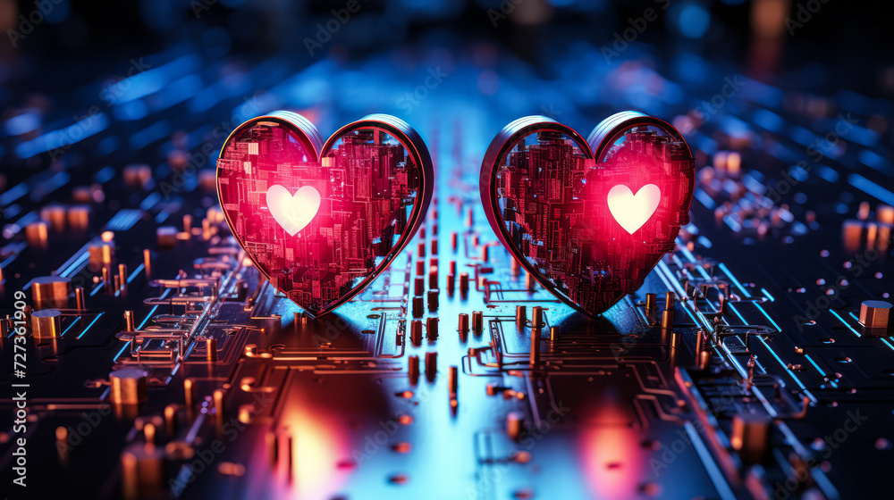 Futuristic concept of love and technology with glowing neon hearts on a circuit board, symbolizing Valentine's Day in the digital and social media age - obrazy, fototapety, plakaty 