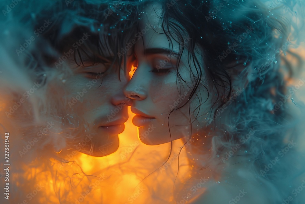 A passionate embrace between a man and woman, their faces shrouded in smoke, captured in a stunning portrait of human connection and artistic expression