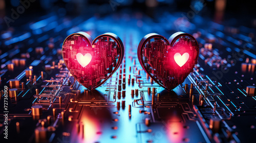 Futuristic concept of love and technology with glowing neon hearts on a circuit board, symbolizing Valentine's Day in the digital and social media age