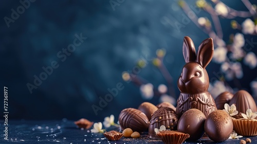 Delicious chocolate easter eggs ,bunny and sweets on dark blue background photo