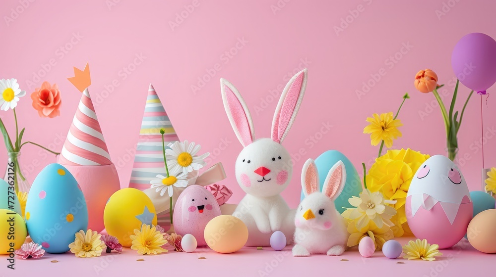 Easter holiday concept with cute handmade eggs, bunny, chicks and party hats Easter holiday concept with cute handmade eggs, bunny, chicks and party hats