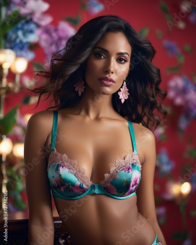 Photo of a woman in green and white floral print lingerie posing confidently among flowers