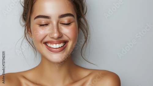 happy laughing young woman with perfect skin  natural make-up and a beautiful smile. Female portrait with bare shoulders on a gray background