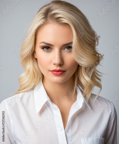 a woman with blonde hair and a white shirt is posing for a picture