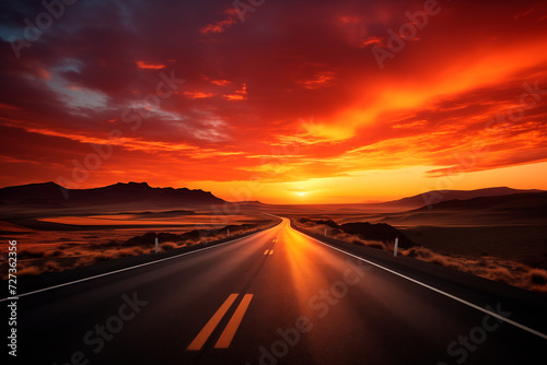 drawn road into sunset, sky with clouds © Liza