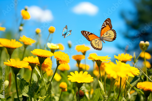 spring yellow flowers outside and butterflies against blue sky