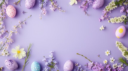 Purple Easter background with springtime flowers and Easter eggs, top view. Frame
