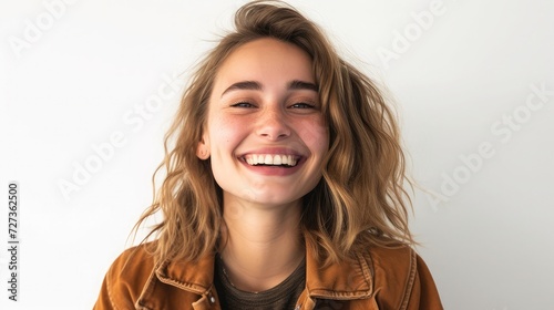 woman casual portrait in positive view, big smile, beautiful model posing in studio over white background