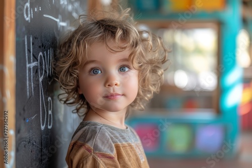 A young child models their personality with a bright smile, standing proudly next to the blackboard in their school clothes, exuding a sense of curiosity and innocence photo