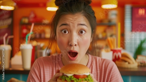 Surprised cheerful Asian woman focused at camera consumes too much fast food suffers calorie overload has giant portions eats fatty sandwiches burgers