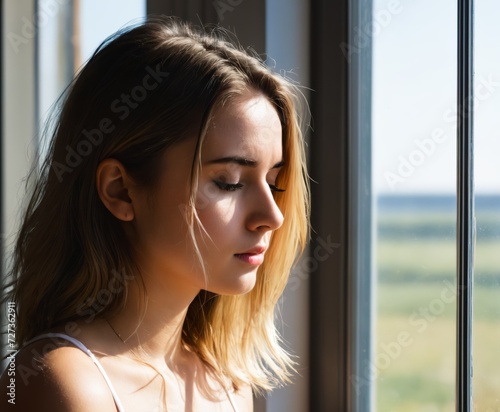beautiful sad girl by the window