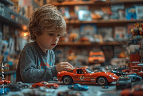 A curious young boy joyfully explores the endless possibilities of play as he imagines himself in the driver's seat of a toy car, surrounded by colorful shelves of miniature vehicles in a bustling to photo