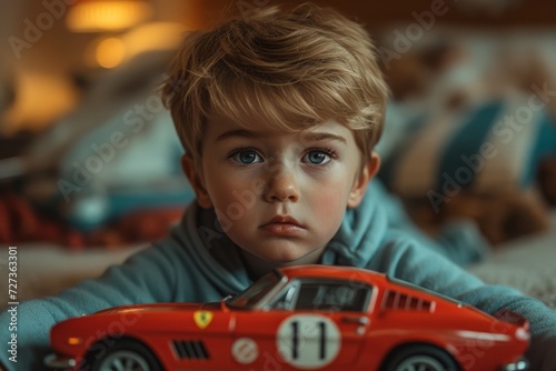 A curious toddler's bright eyes light up as he proudly holds a miniature red car, his small hand grasping the wheel as he imagines endless adventures in his toy vehicle