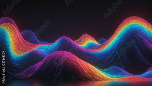 Abstract rainbow color 3d neon glowing waves in 8k, wallpaper, isolated on dark background