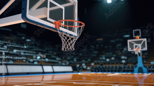 3D illustration showing a basketball hoop in a pro arena. © OLGA
