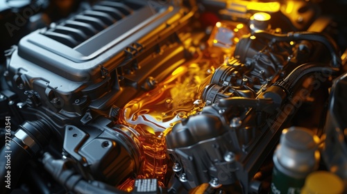 3D representation of a car engine being repaired with lubricant oil.