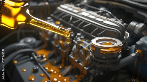 3D representation of a car engine being repaired with lubricant oil.