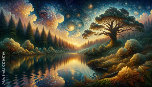 Twilight Wilderness  Serene deepdream landscape with reflective lake and ancient trees.