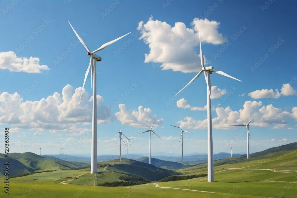 Wind turbines set against the backdrop of mountainous landscapes on a bright summer day with a clear blue sky. Embracing the concept of renewable electricity with zero emissions Wind turbines set against the backdrop of mountainous landscapes on a bright summer day with a clear blue sky. Embracing the concept of renewable electricity with zero emissions