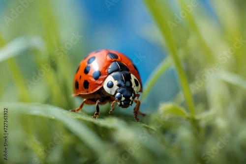 A close-up capture of a ladybug in exquisite detail, set against a softly blurred backdrop of grasses