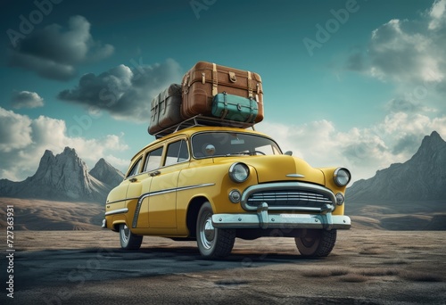 A nostalgic portrayal unfolds as the illustration showcases a yellow retro car, brimming with suitcases, embarking on a family adventure, evoking feelings of excitement and anticipation.