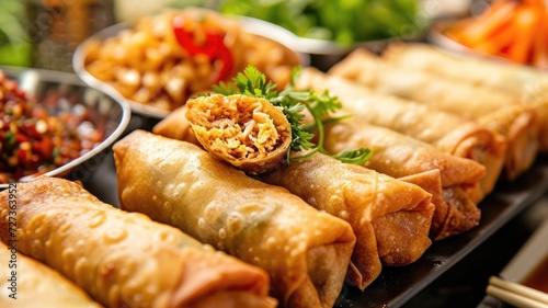 Egg roll display at a food festival, attracting food enthusiasts and connoisseurs