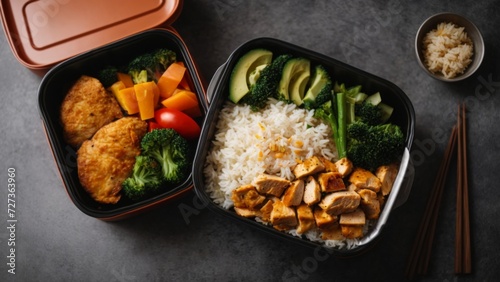 Healthy food container with cooked grilled chicken, a portion of rice and fresh vegetables