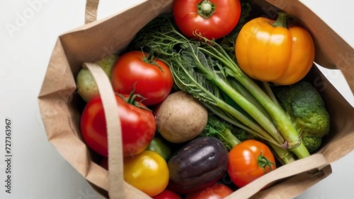 Healthy food in paper bag vegetables on grey background