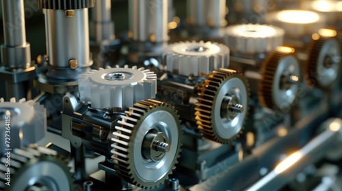 3D rendered image of engine pistons and gears with depth of field effect