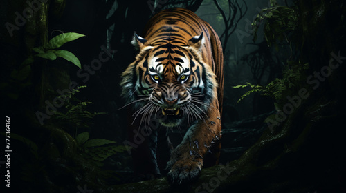 Tiger in the dark forest with dangerous scary loo