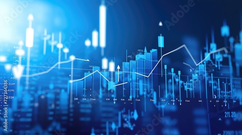 An ascending line and arrows on a blue background represent a financial graph in the stock market. © OLGA