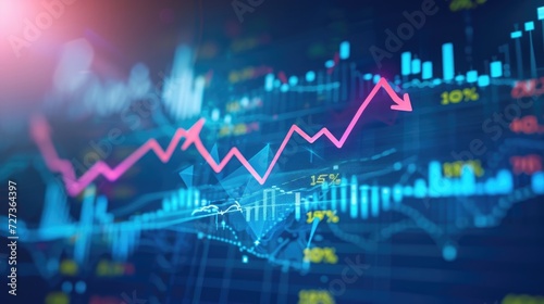 An ascending line and arrows on a blue background represent a financial graph in the stock market.