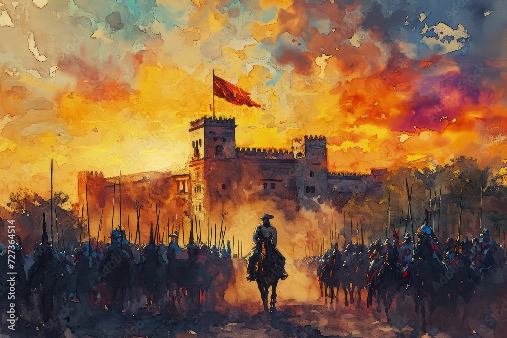 Spanish history watercolor Illustration. Historical wars in Spain by watercolor - obrazy, fototapety, plakaty 