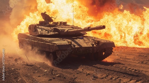 In a fiery desert battle, an armored tank bravely navigates a minefield during a war invasion. photo