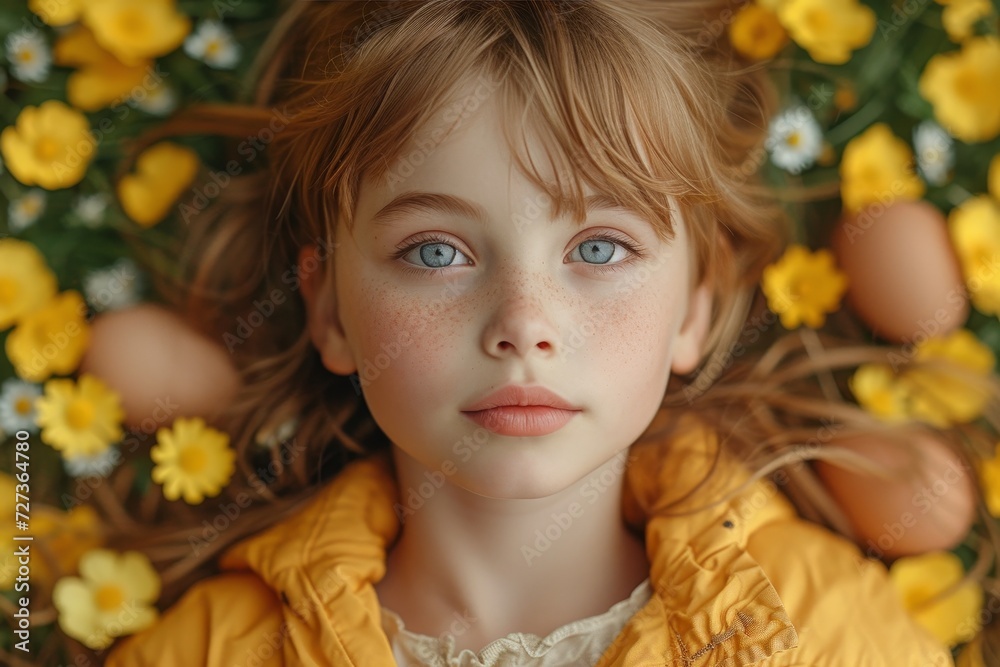 Fototapeta premium A young girl, adorned in yellow clothing, lies peacefully in a field of vibrant flowers, her portrait radiating both innocence and serenity