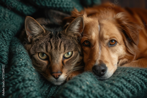 dog and cat on green background isolated on grey