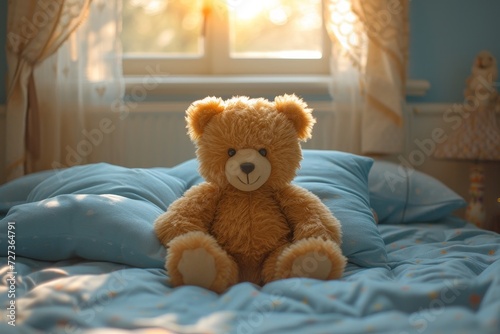 A plush brown teddy bear sits on a neatly made bed, surrounded by soft linens and a cozy bedroom, bringing comfort and warmth to the room