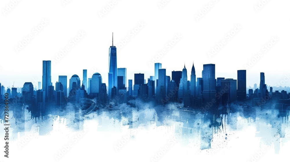City skyline in a blue silhouette.