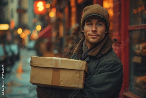 A stylish man confidently holds a box, his face beaming with a smile, as he stands on a busy city street surrounded by fashionable buildings and people in trendy clothing