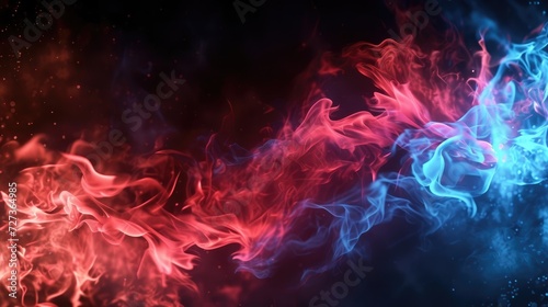 Vibrant red and blue flames illuminate the dark backdrop.