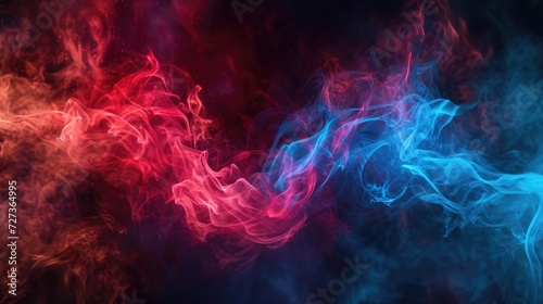Vibrant red and blue flames illuminate the dark backdrop.