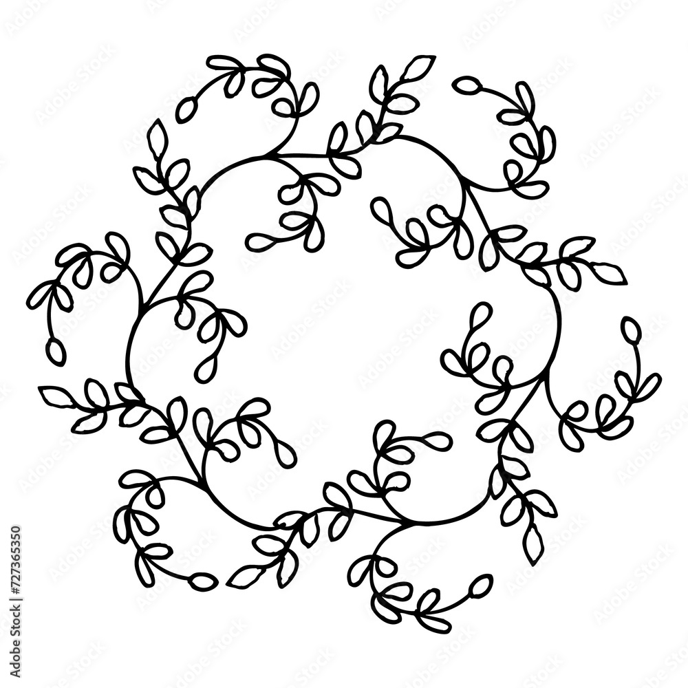 Floral round frame, black and white hand drawing. Floral round frame, black and white hand drawing.