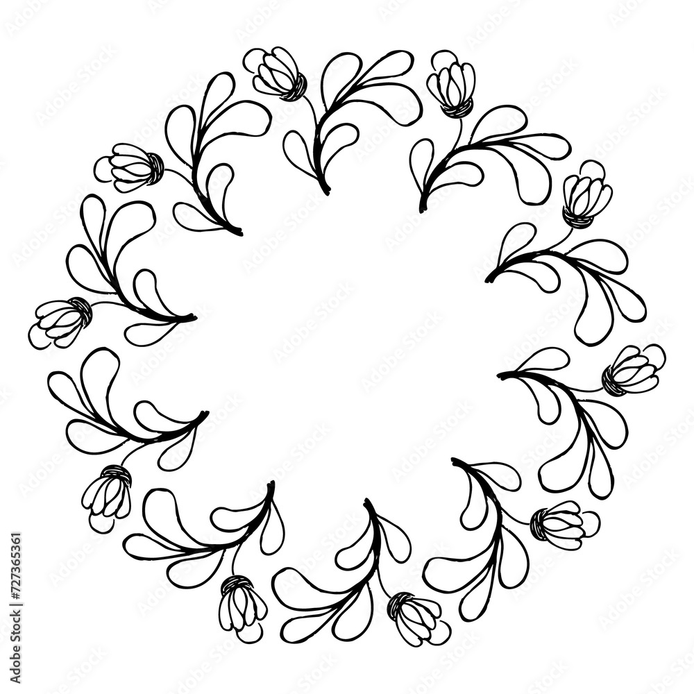 Floral round frame, black and white hand drawing. Floral round frame, black and white hand drawing.