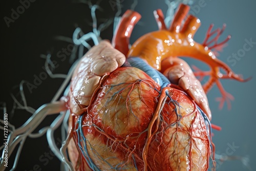 A model of a human heart, showcasing the intricate details and realistic representation, with blood flowing out, A 3D model of a complex cardiovascular injury, AI Generated photo